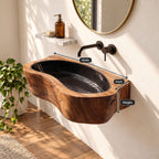 Oval Trough Wall Mounted Wooden Sink, Thick Solid Wood Wall-Hung Basin with Sealed Interior 24-36 Inch