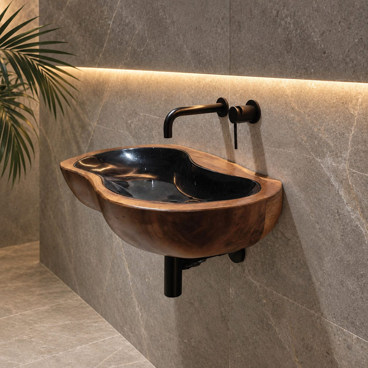 Pebble Round Wall Mounted Wooden Sink, Soft Lobed Solid Wood Wall-Hung Basin 24-36 Inch