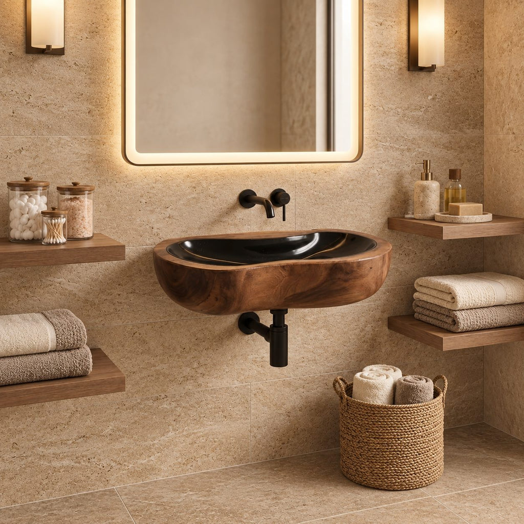 Pebble Round Wall Mounted Wooden Sink, Soft Lobed Solid Wood Wall-Hung Basin 24-36 Inch