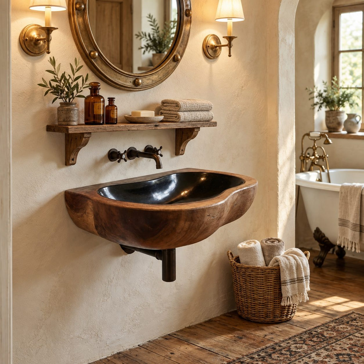 Pebble Round Wall Mounted Wooden Sink, Soft Lobed Solid Wood Wall-Hung Basin 24-36 Inch