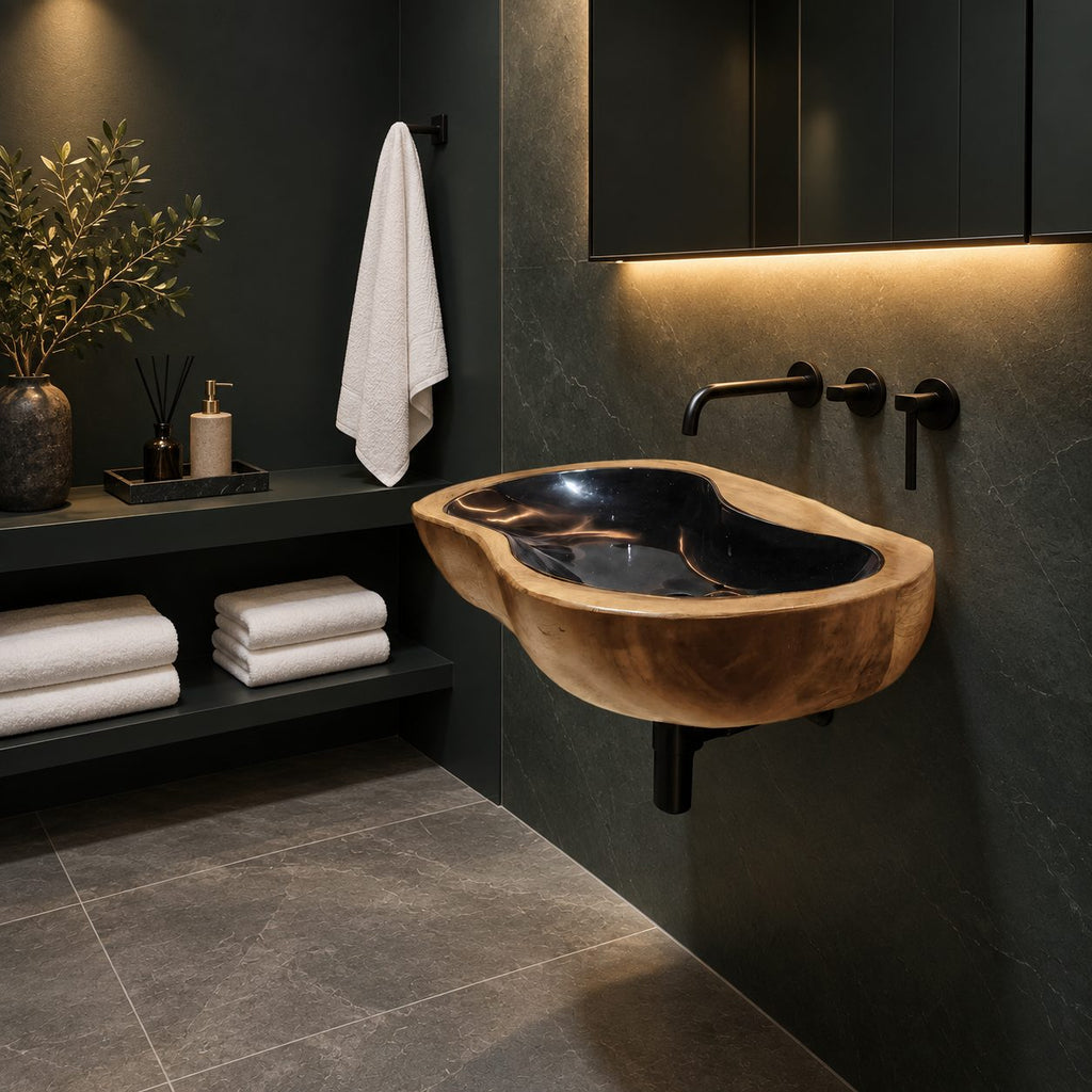 Pebble Round Wall Mounted Wooden Sink, Soft Lobed Solid Wood Wall-Hung Basin 24-36 Inch