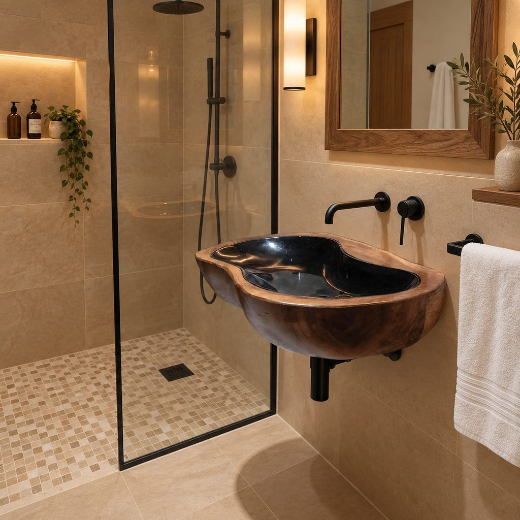 Pebble Round Wall Mounted Wooden Sink, Soft Lobed Solid Wood Wall-Hung Basin 24-36 Inch
