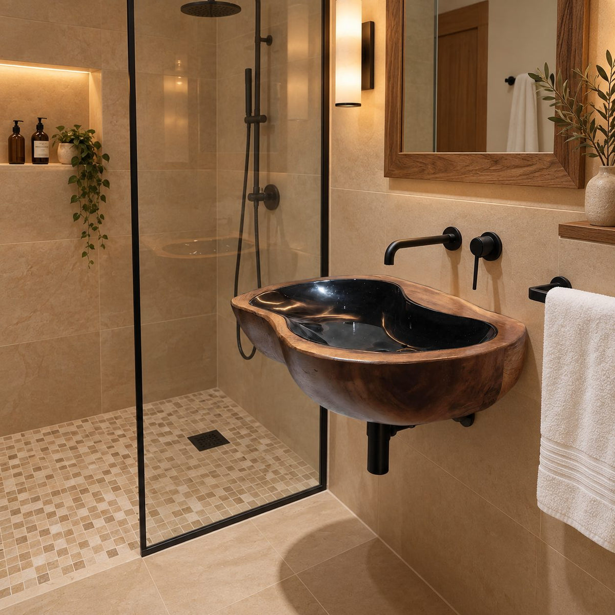 Pebble Round Wall Mounted Wooden Sink, Soft Lobed Solid Wood Wall-Hung Basin 24-36 Inch