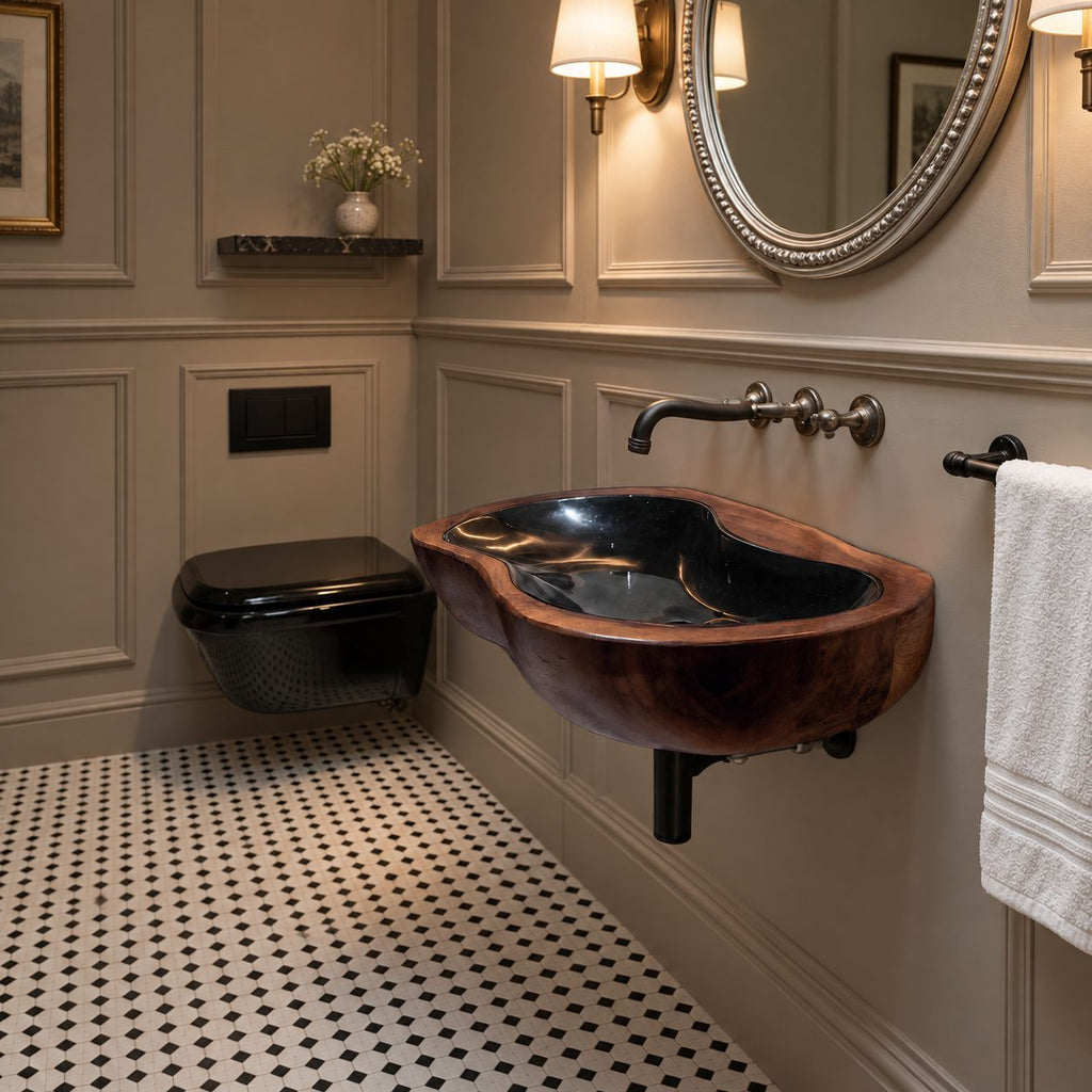 Pebble Round Wall Mounted Wooden Sink, Soft Lobed Solid Wood Wall-Hung Basin 24-36 Inch
