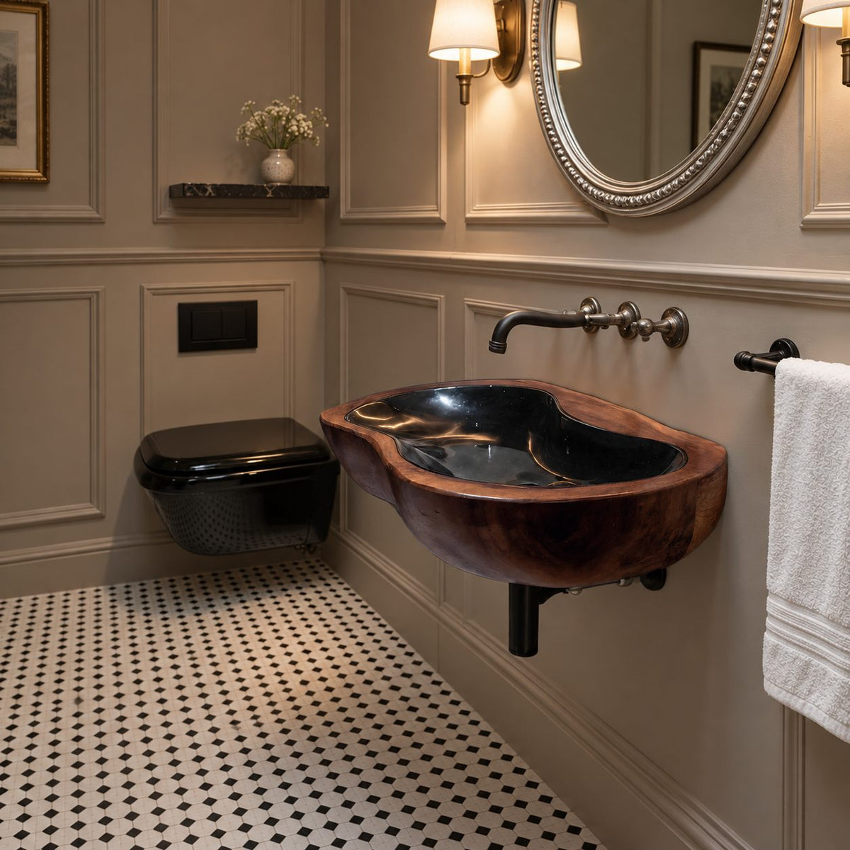 Pebble Round Wall Mounted Wooden Sink, Soft Lobed Solid Wood Wall-Hung Basin 24-36 Inch