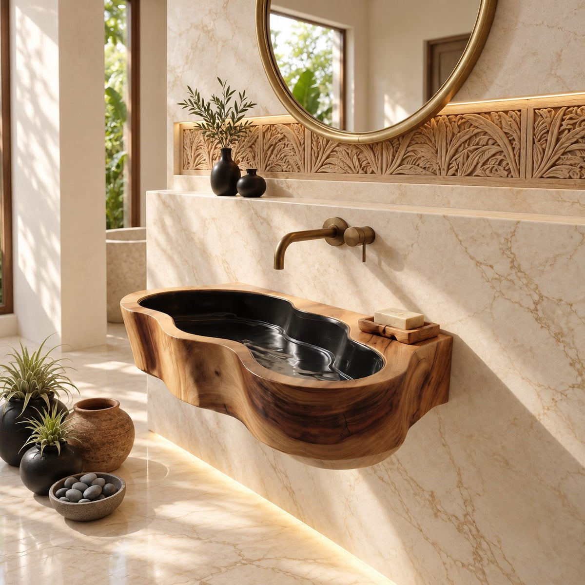 Amoeba Outline Wall Mounted Wooden Sink, Wavy Trough Solid Wood Wall-Hung Basin 24-36 Inch