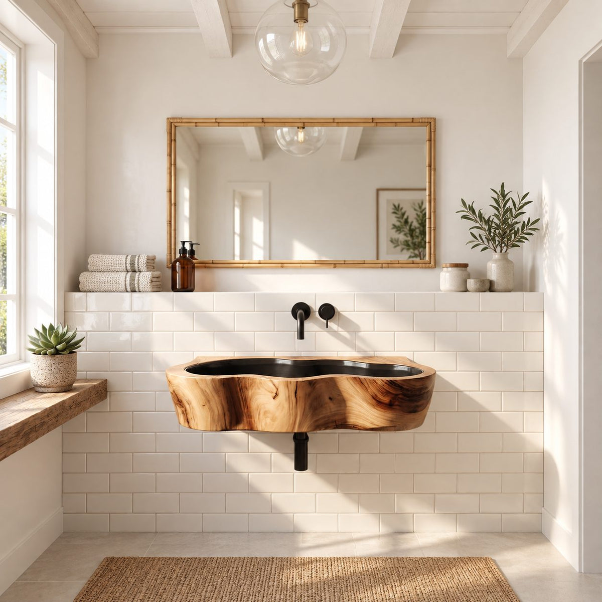 Amoeba Outline Wall Mounted Wooden Sink, Wavy Trough Solid Wood Wall-Hung Basin 24-36 Inch