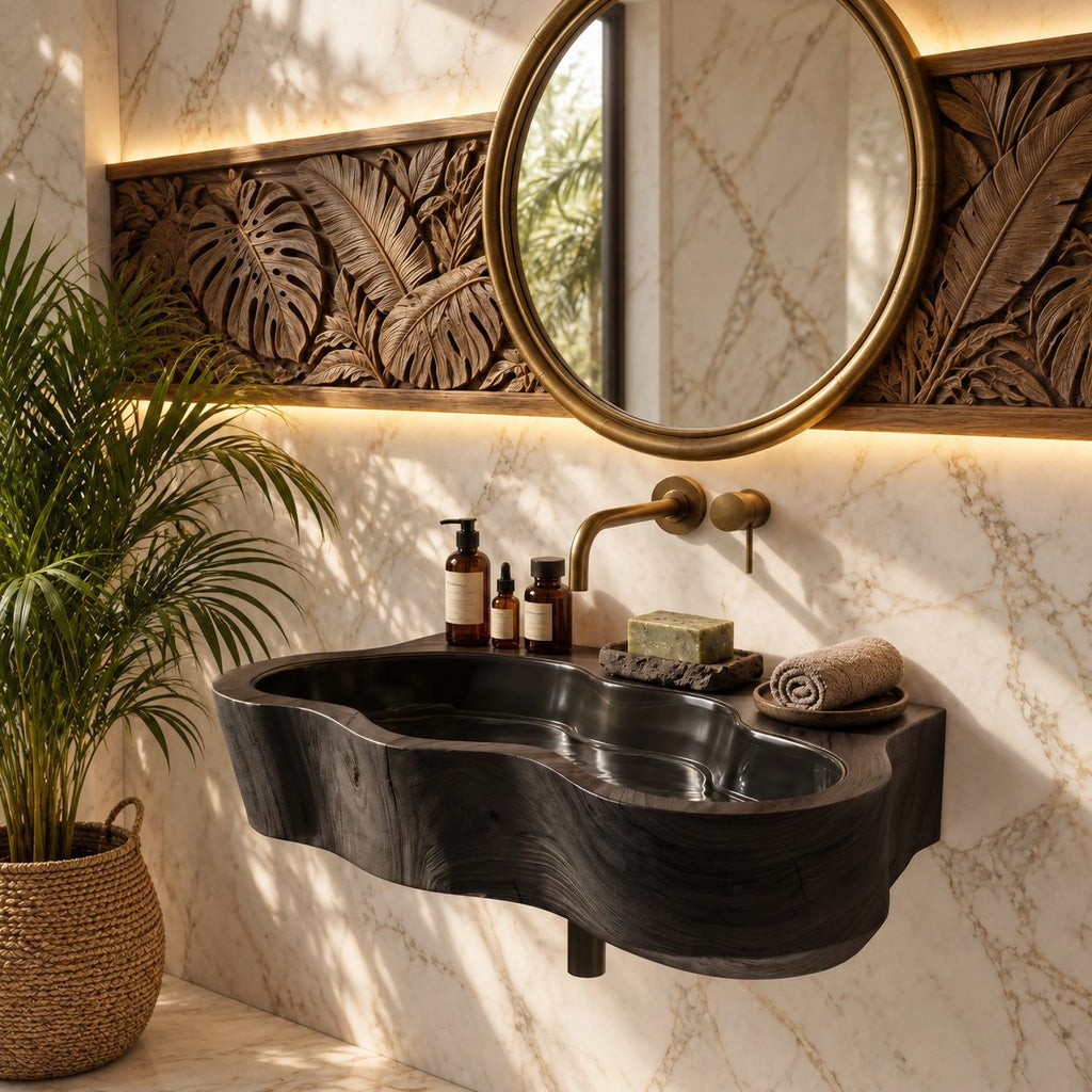 Amoeba Outline Wall Mounted Wooden Sink, Wavy Trough Solid Wood Wall-Hung Basin 24-36 Inch