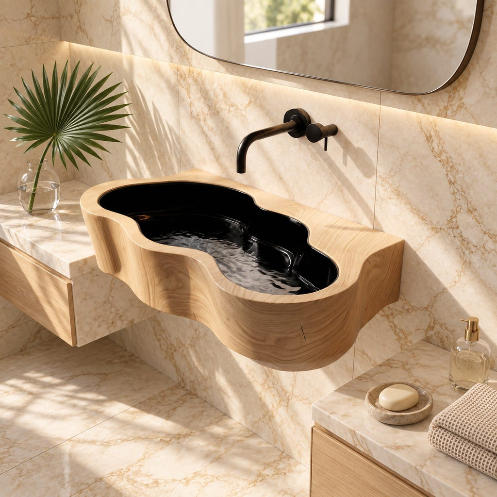 Amoeba Outline Wall Mounted Wooden Sink, Wavy Trough Solid Wood Wall-Hung Basin 24-36 Inch