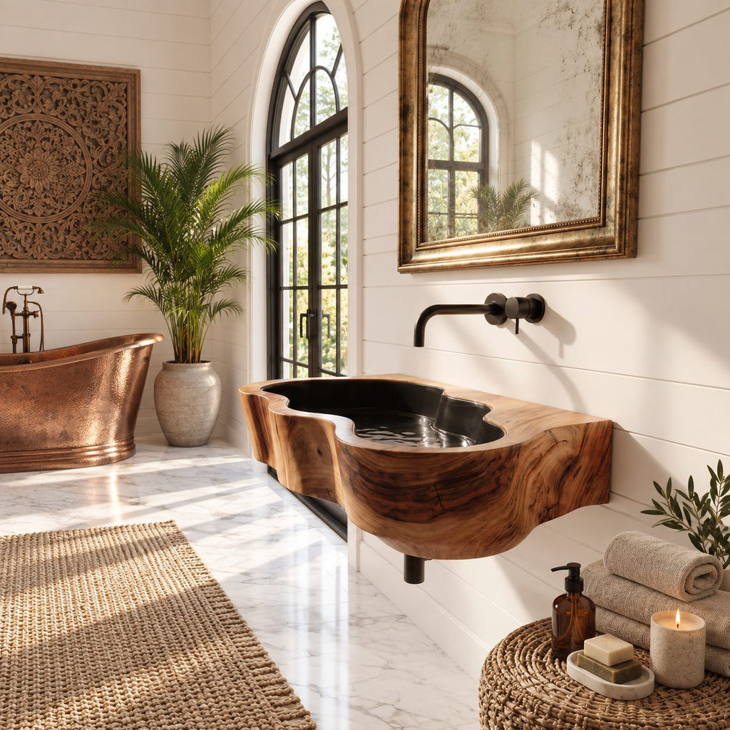 Amoeba Outline Wall Mounted Wooden Sink, Wavy Trough Solid Wood Wall-Hung Basin 24-36 Inch