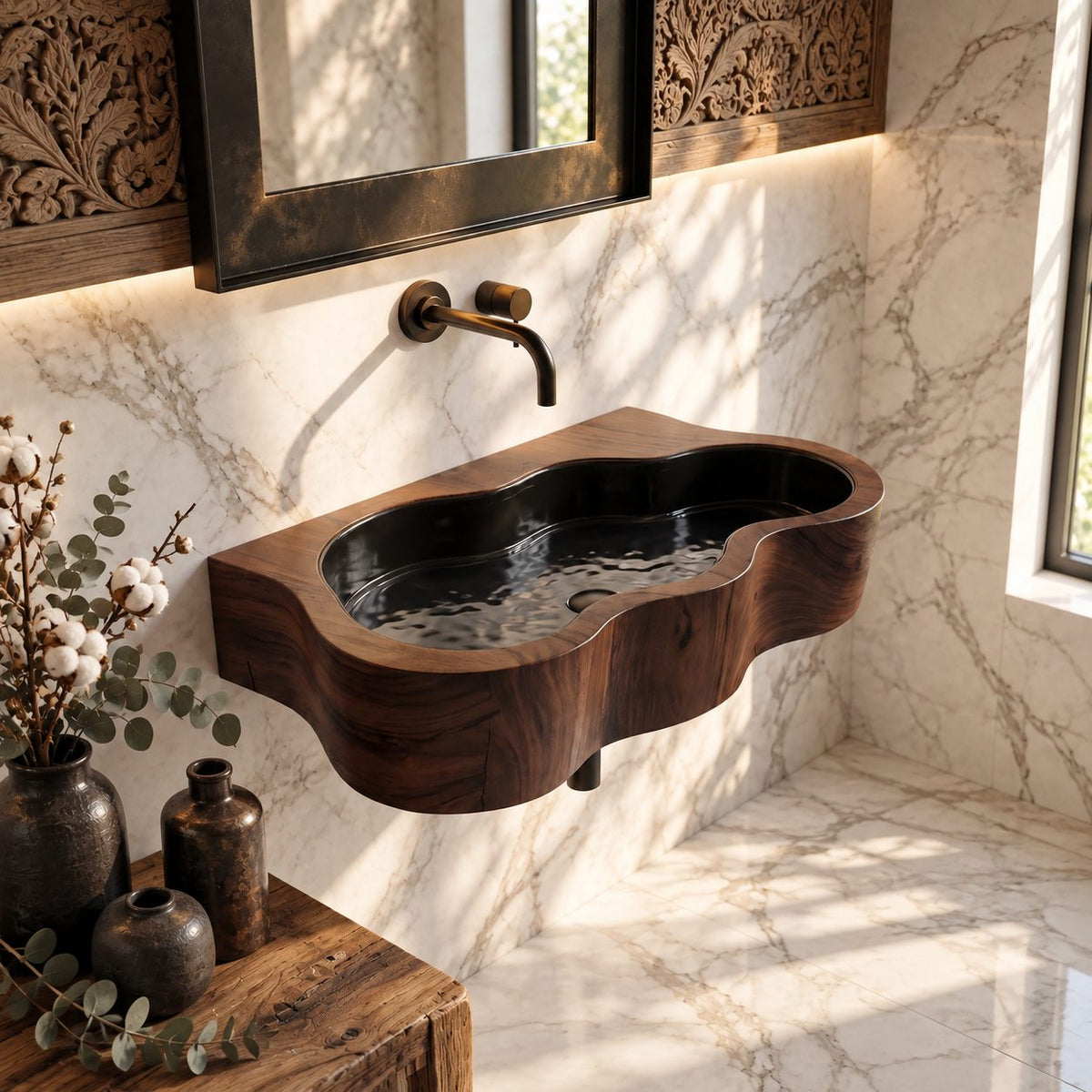 Amoeba Outline Wall Mounted Wooden Sink, Wavy Trough Solid Wood Wall-Hung Basin 24-36 Inch