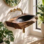 Angular Chiseled Wall Mounted Wooden Sink, Geometric Solid Wood Slab Basin with Sealed Bowl 24-36 Inch