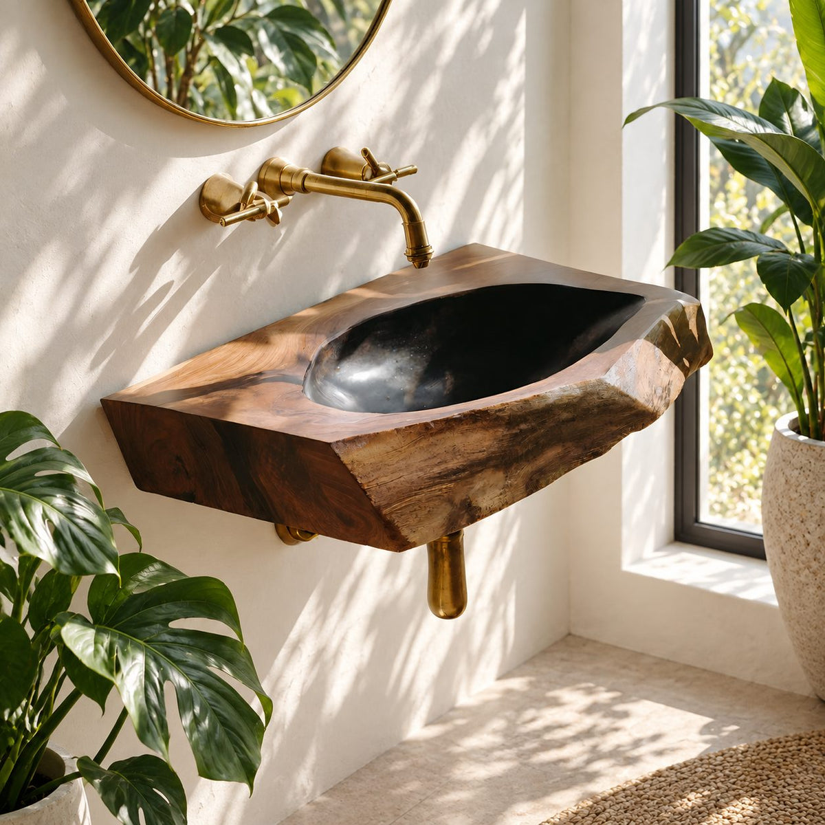 Angular Chiseled Wall Mounted Wooden Sink, Geometric Solid Wood Slab Basin with Sealed Bowl 24-36 Inch