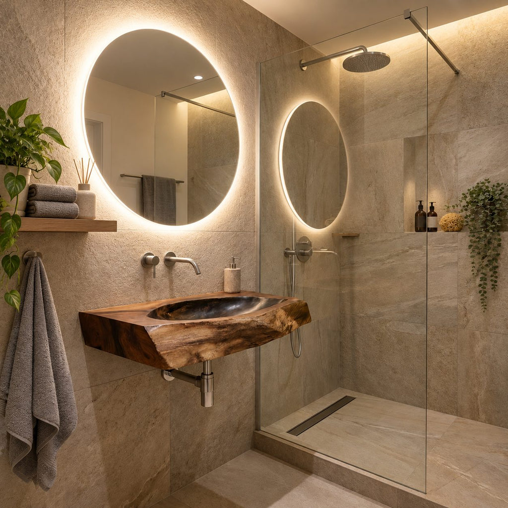 Angular Chiseled Wall Mounted Wooden Sink, Geometric Solid Wood Slab Basin with Sealed Bowl 24-36 Inch