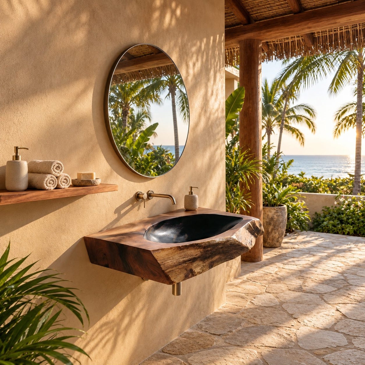 Angular Chiseled Wall Mounted Wooden Sink, Geometric Solid Wood Slab Basin with Sealed Bowl 24-36 Inch