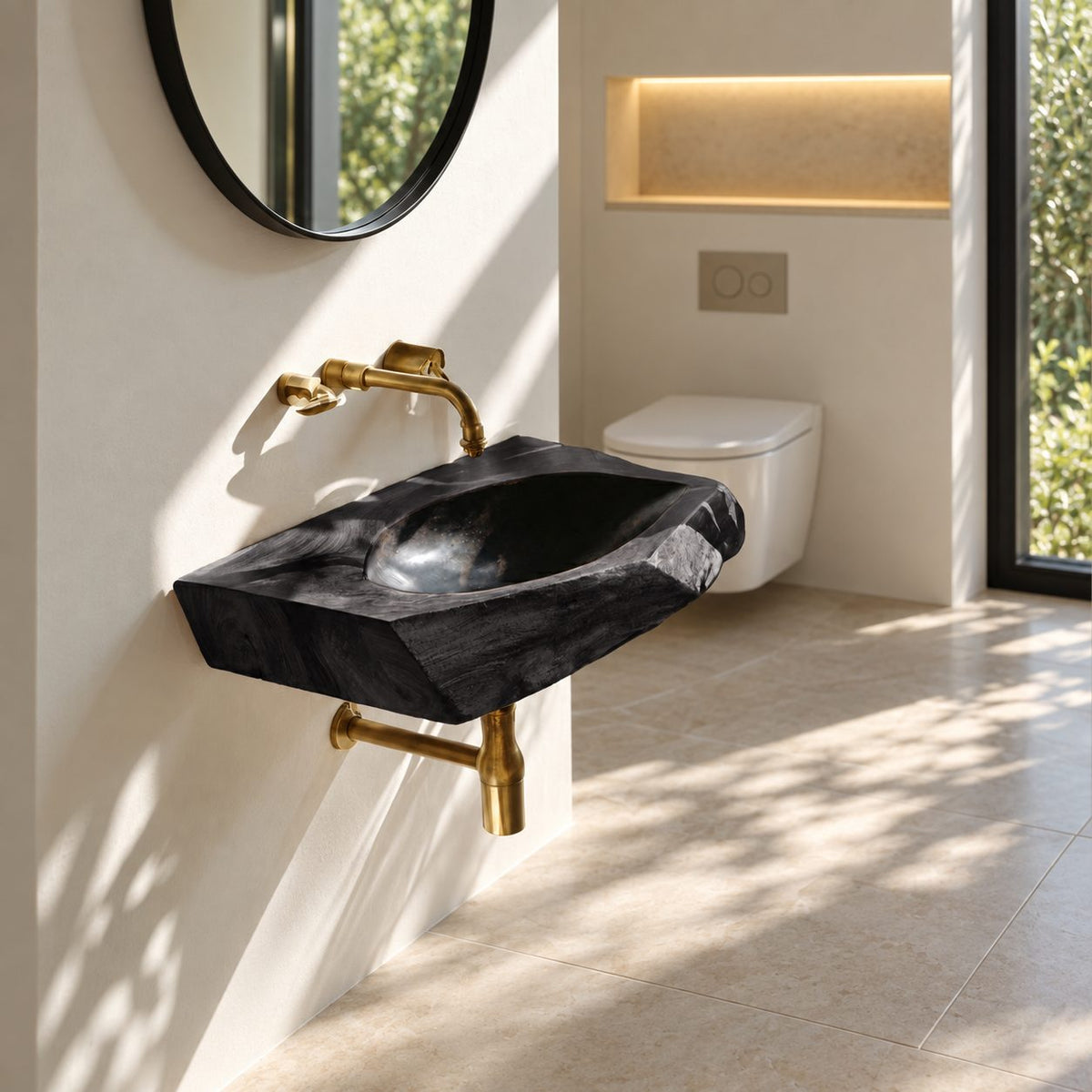 Angular Chiseled Wall Mounted Wooden Sink, Geometric Solid Wood Slab Basin with Sealed Bowl 24-36 Inch