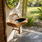 Angular Chiseled Wall Mounted Wooden Sink, Geometric Solid Wood Slab Basin with Sealed Bowl 24-36 Inch