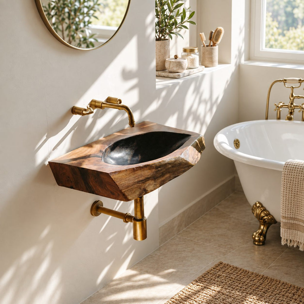 Angular Chiseled Wall Mounted Wooden Sink, Geometric Solid Wood Slab Basin with Sealed Bowl 24-36 Inch