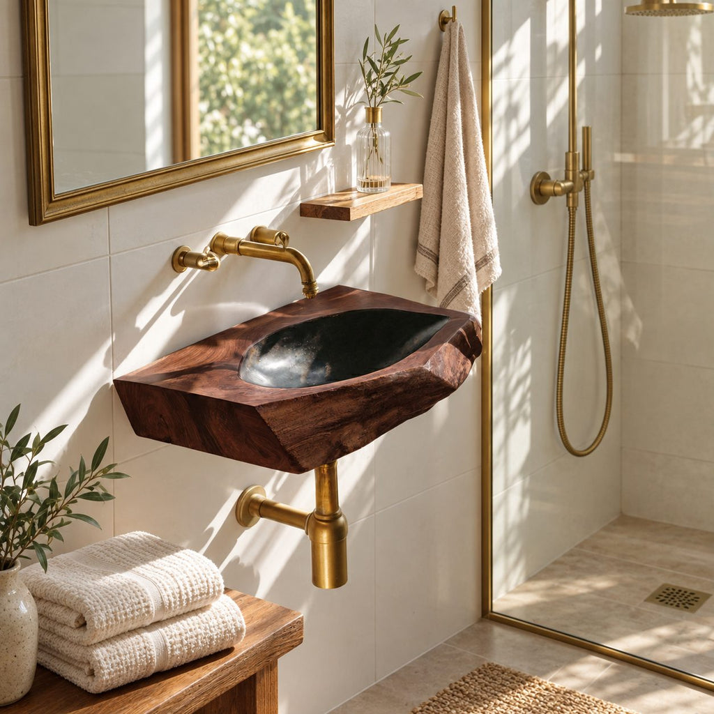 Angular Chiseled Wall Mounted Wooden Sink, Geometric Solid Wood Slab Basin with Sealed Bowl 24-36 Inch