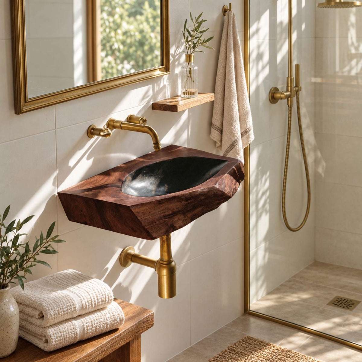 Angular Chiseled Wall Mounted Wooden Sink, Geometric Solid Wood Slab Basin with Sealed Bowl 24-36 Inch
