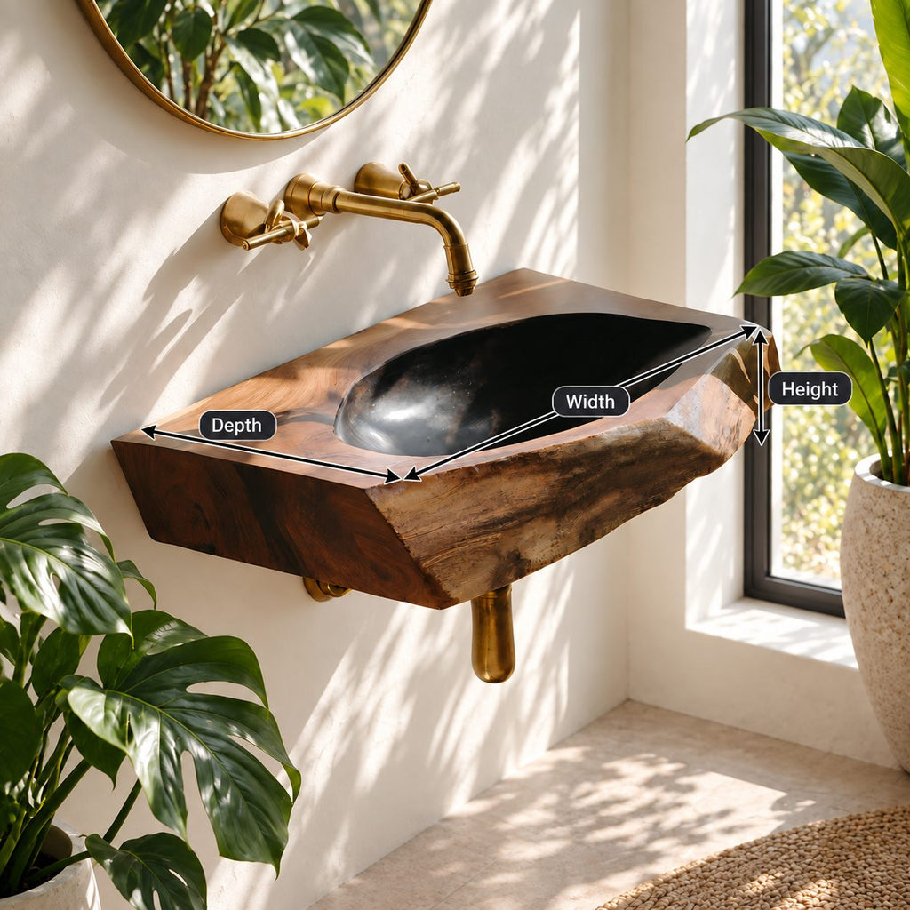 Angular Chiseled Wall Mounted Wooden Sink, Geometric Solid Wood Slab Basin with Sealed Bowl 24-36 Inch