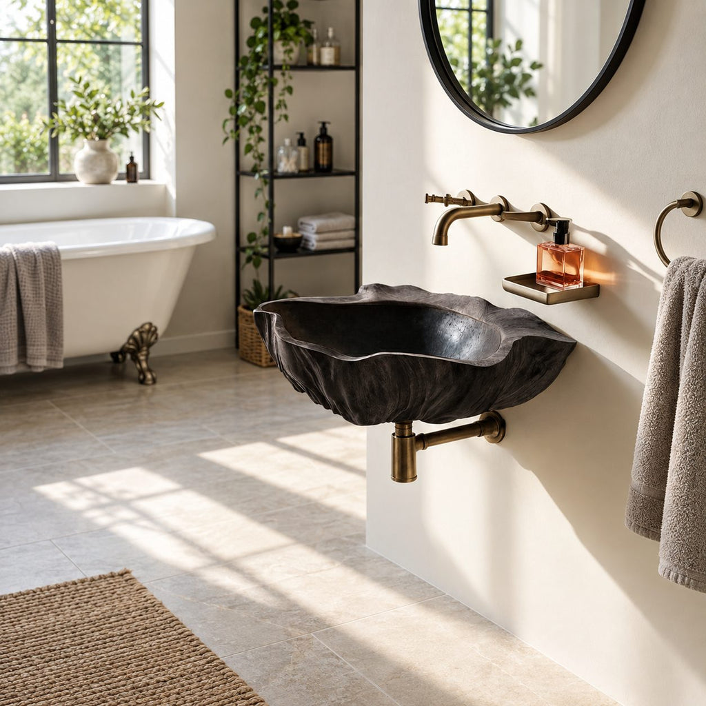 Weathered Bark Round Wall Mounted Wooden Sink, Organic Solid Wood Wall-Hung Basin 22-36 Inch