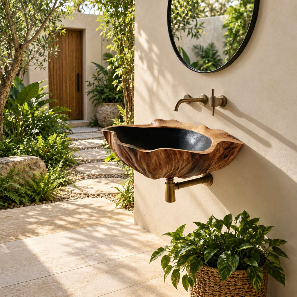Weathered Bark Round Wall Mounted Wooden Sink, Organic Solid Wood Wall-Hung Basin 22-36 Inch