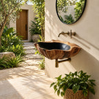 Weathered Bark Round Wall Mounted Wooden Sink, Organic Solid Wood Wall-Hung Basin 22-36 Inch