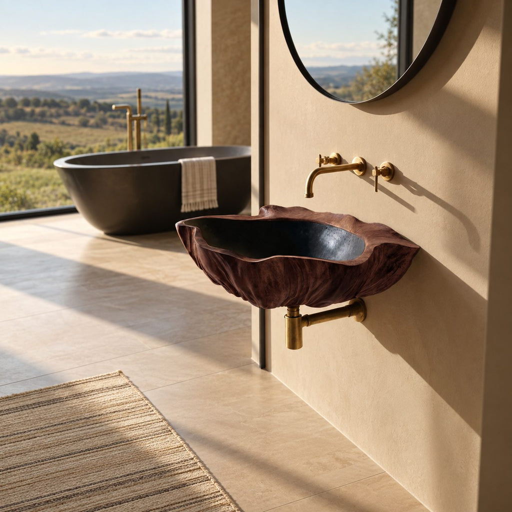 Weathered Bark Round Wall Mounted Wooden Sink, Organic Solid Wood Wall-Hung Basin 22-36 Inch