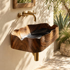 Wavy Rim Rectangular Wall Mounted Wooden Sink, Figured Grain Solid Wood Wall-Hung Basin 22-36 Inch