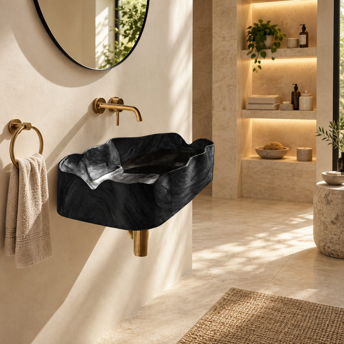 Wavy Rim Rectangular Wall Mounted Wooden Sink, Figured Grain Solid Wood Wall-Hung Basin 22-36 Inch