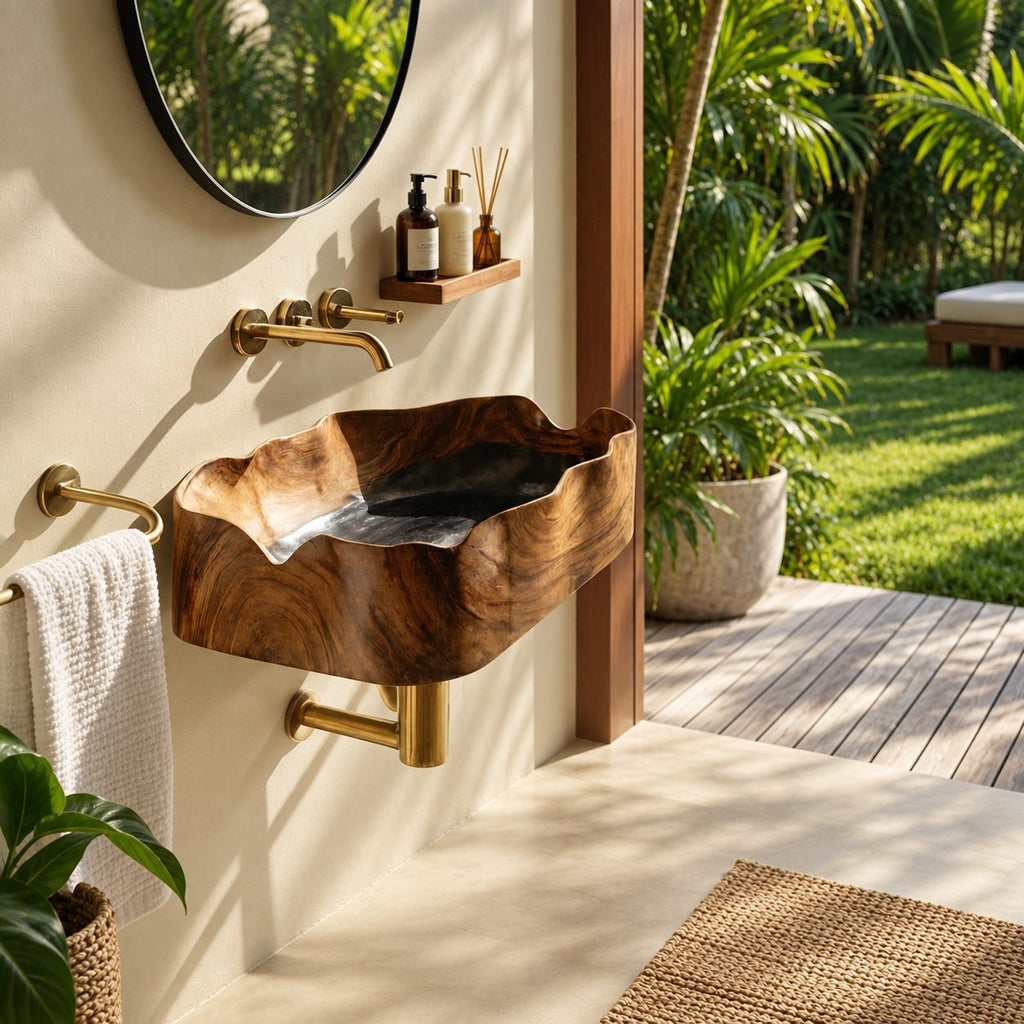 Wavy Rim Rectangular Wall Mounted Wooden Sink, Figured Grain Solid Wood Wall-Hung Basin 22-36 Inch