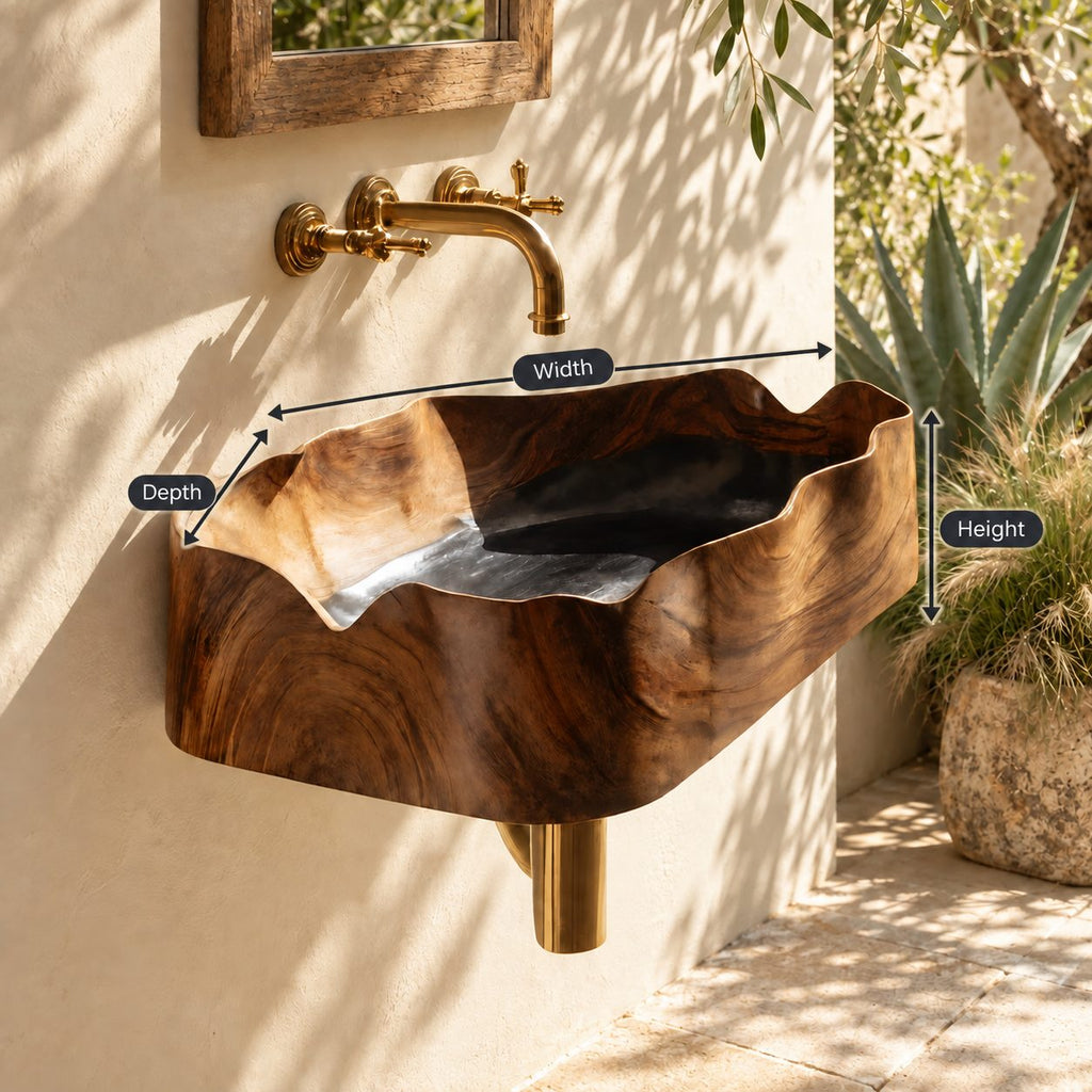Wavy Rim Rectangular Wall Mounted Wooden Sink, Figured Grain Solid Wood Wall-Hung Basin 22-36 Inch