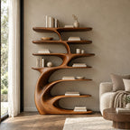 Tree Shelf Bookcase with Sculpted Curling Trunk, Layered Oval Shelves Statement Wood Bookshelf