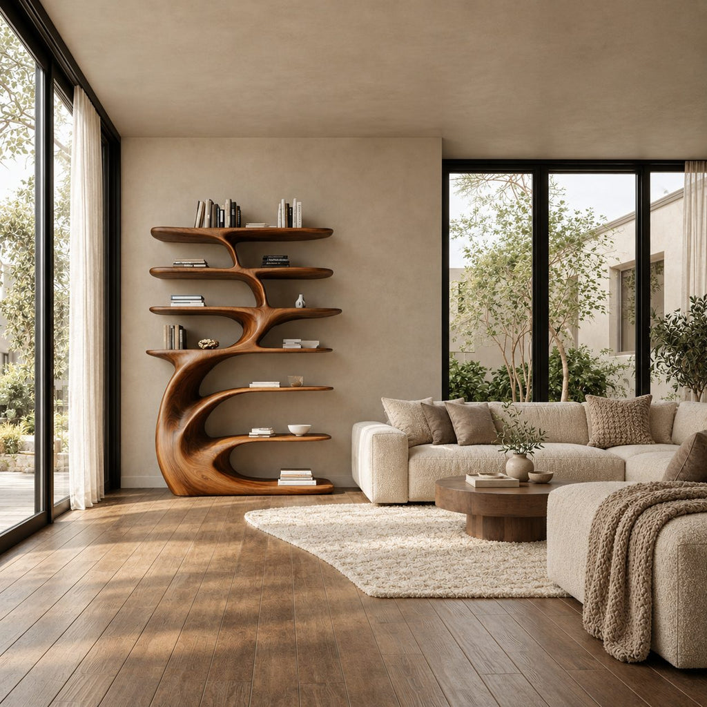 Tree Shelf Bookcase with Sculpted Curling Trunk, Layered Oval Shelves Statement Wood Bookshelf