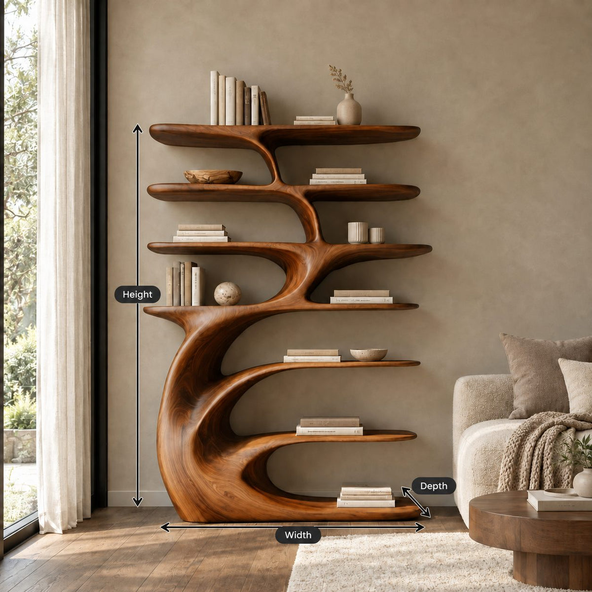 Tree Shelf Bookcase with Sculpted Curling Trunk, Layered Oval Shelves Statement Wood Bookshelf