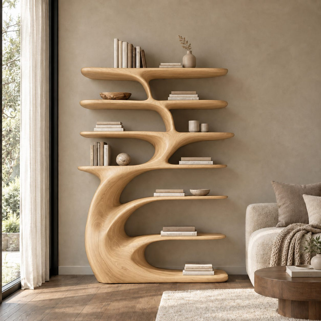 Tree Shelf Bookcase with Sculpted Curling Trunk, Layered Oval Shelves Statement Wood Bookshelf