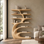Tree Shelf Bookcase with Sculpted Curling Trunk, Layered Oval Shelves Statement Wood Bookshelf