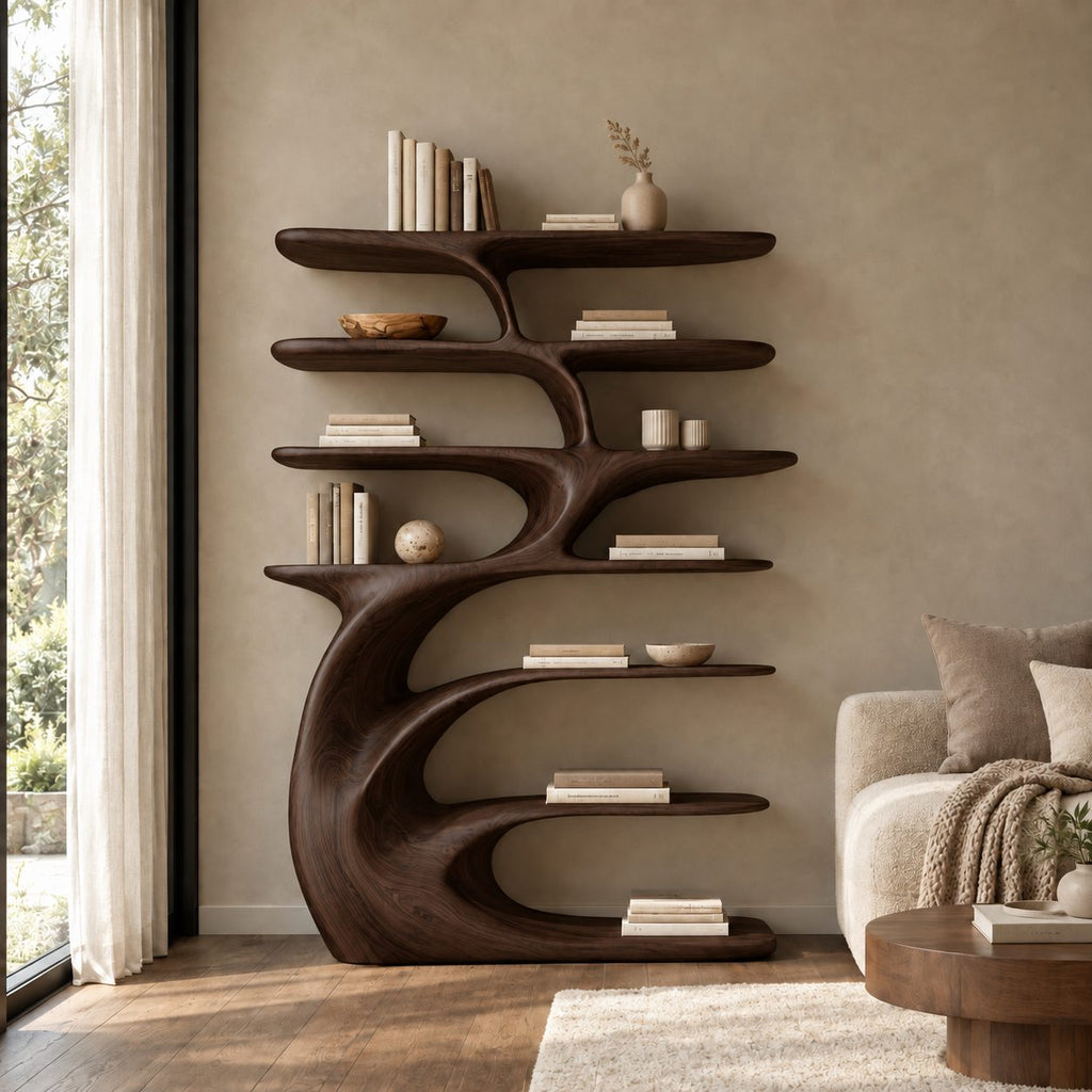 Tree Shelf Bookcase with Sculpted Curling Trunk, Layered Oval Shelves Statement Wood Bookshelf