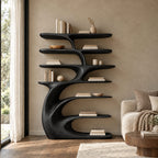 Tree Shelf Bookcase with Sculpted Curling Trunk, Layered Oval Shelves Statement Wood Bookshelf