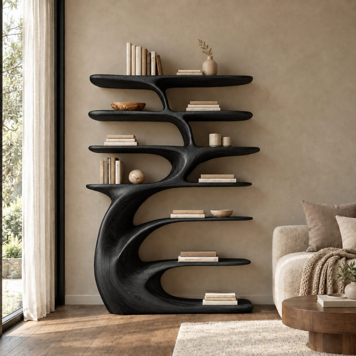 Tree Shelf Bookcase with Sculpted Curling Trunk, Layered Oval Shelves Statement Wood Bookshelf