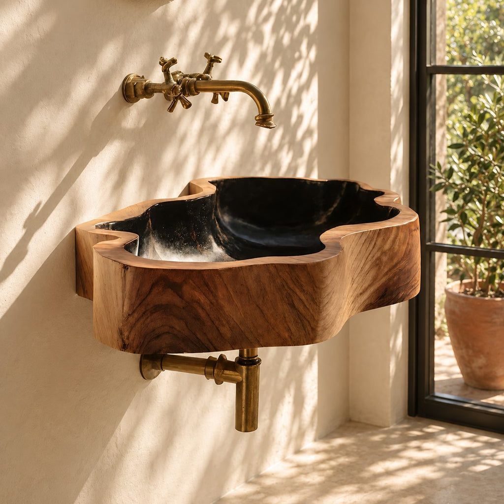 Puzzle Edge Wall Mounted Wooden Sink, Thick Live Edge Solid Wood Block Basin 24-36 Inch