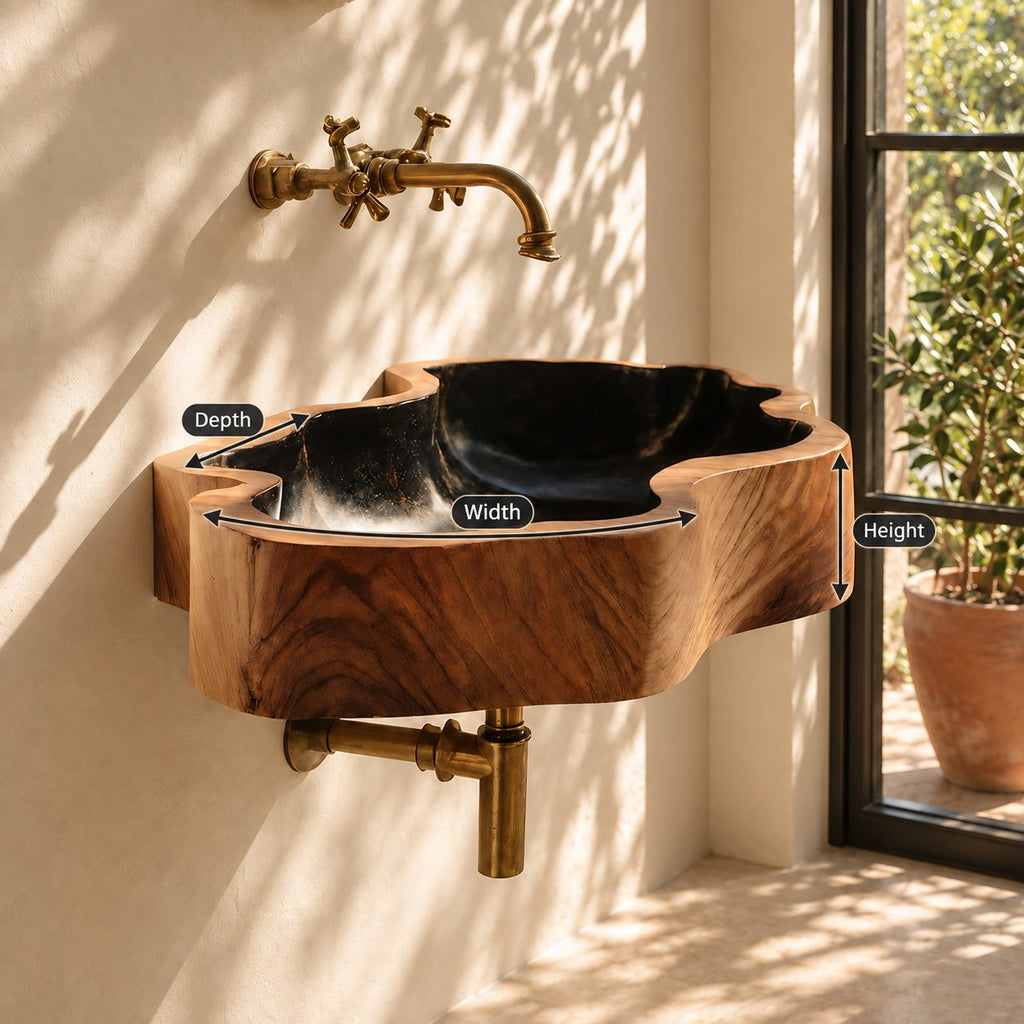 Puzzle Edge Wall Mounted Wooden Sink, Thick Live Edge Solid Wood Block Basin 24-36 Inch