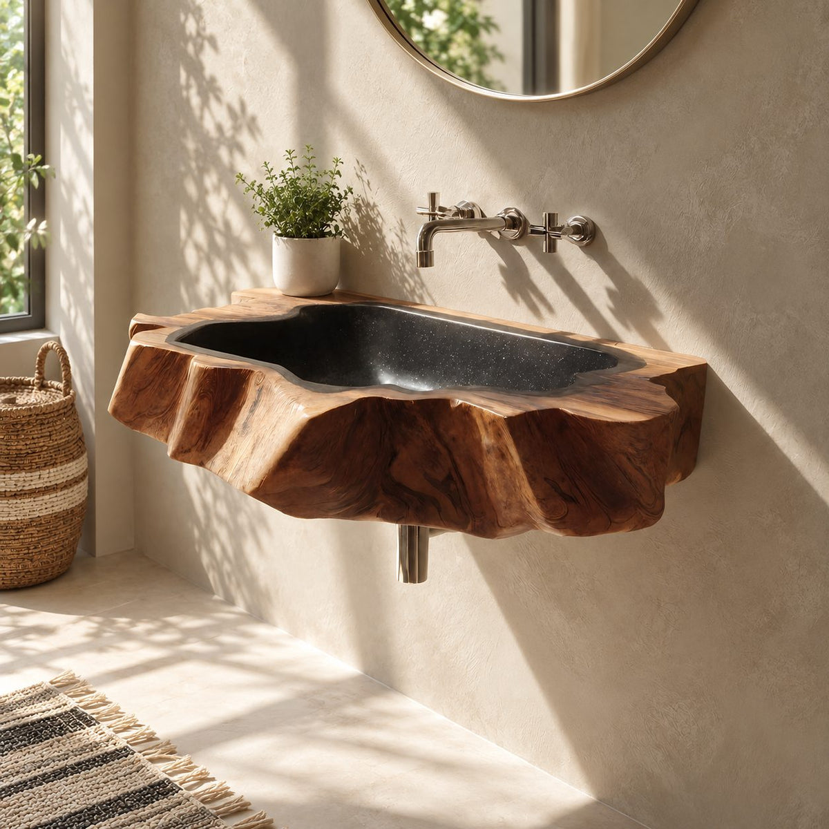 Jagged Root Slab Wall Mounted Wooden Sink, Wide Rugged Solid Wood Basin with Sealed Bowl 24-36 Inch