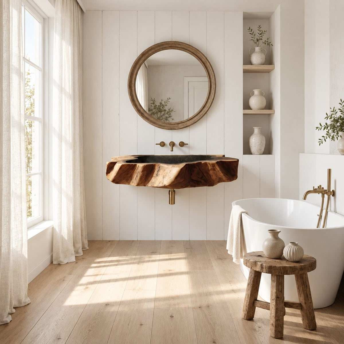 Jagged Root Slab Wall Mounted Wooden Sink, Wide Rugged Solid Wood Basin with Sealed Bowl 24-36 Inch