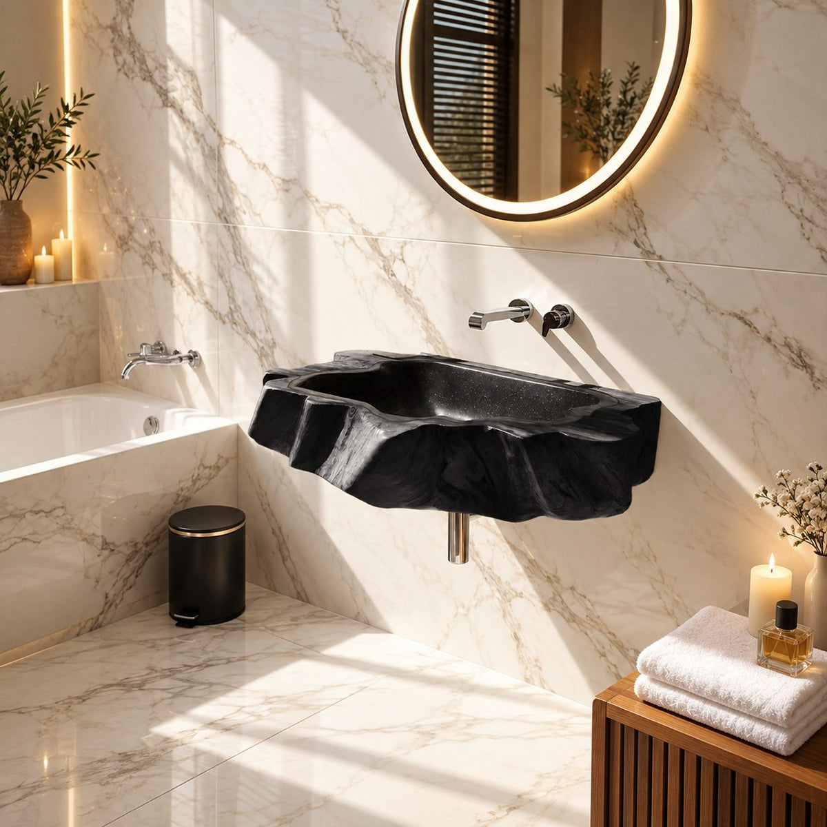 Jagged Root Slab Wall Mounted Wooden Sink, Wide Rugged Solid Wood Basin with Sealed Bowl 24-36 Inch