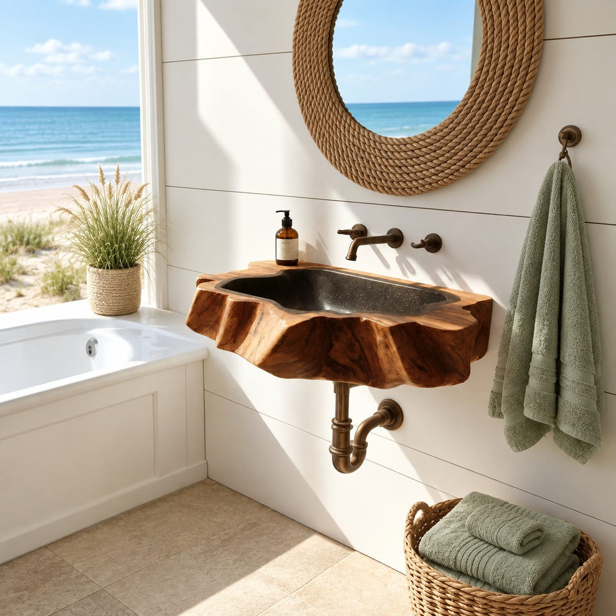 Jagged Root Slab Wall Mounted Wooden Sink, Wide Rugged Solid Wood Basin with Sealed Bowl 24-36 Inch
