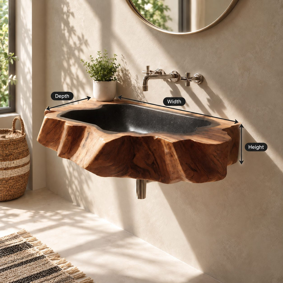 Jagged Root Slab Wall Mounted Wooden Sink, Wide Rugged Solid Wood Basin with Sealed Bowl 24-36 Inch