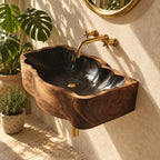 Deep Scalloped Block Wall Mounted Wooden Sink, Solid Wood Wall-Hung Basin with Sealed Interior 22-36 Inch