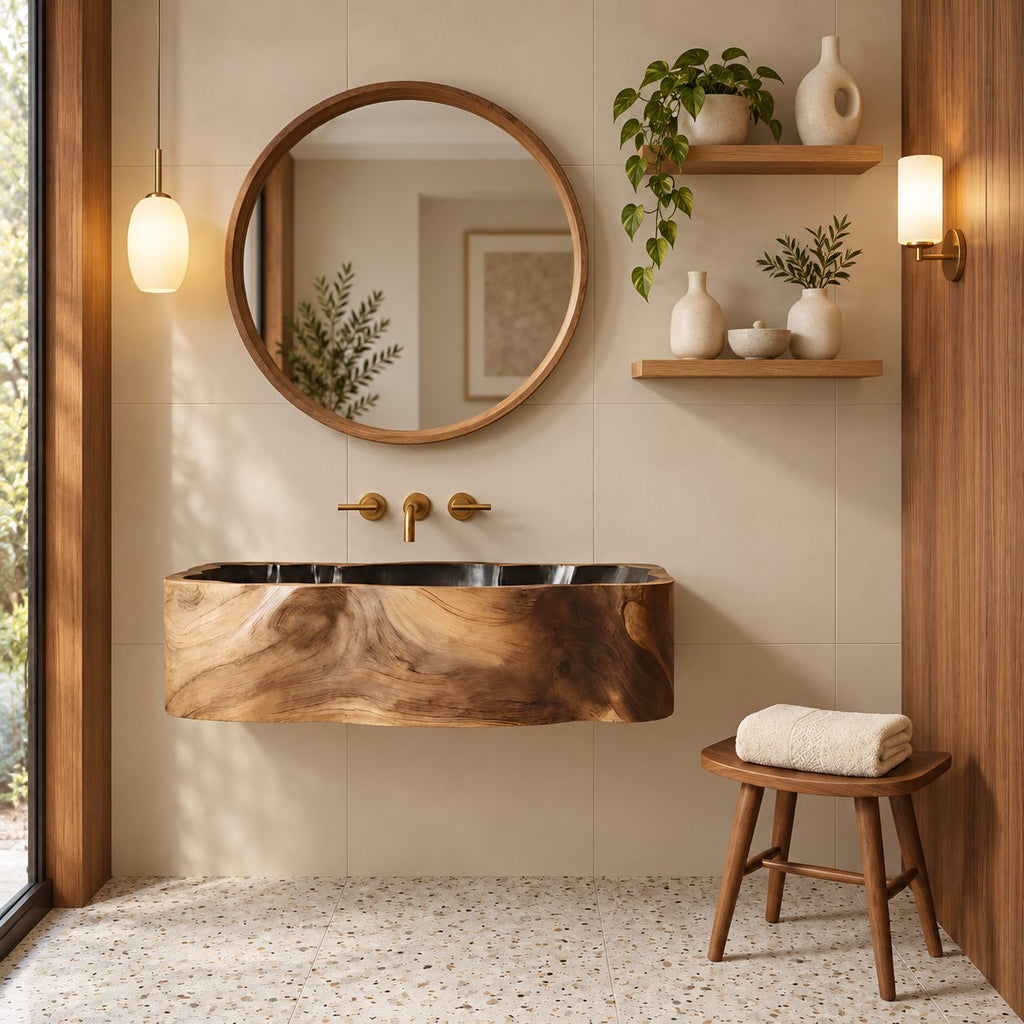 Deep Scalloped Block Wall Mounted Wooden Sink, Solid Wood Wall-Hung Basin with Sealed Interior 22-36 Inch